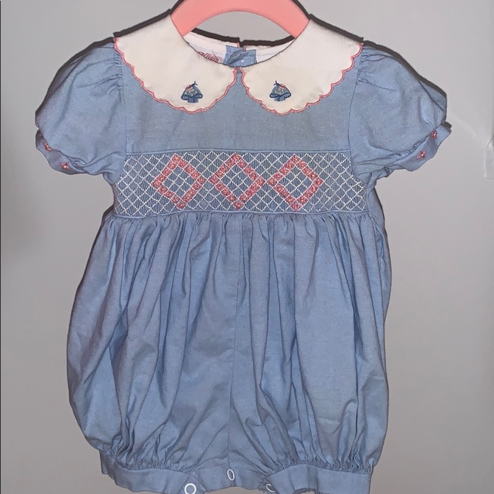Smocked vintage baby girl bubble romper